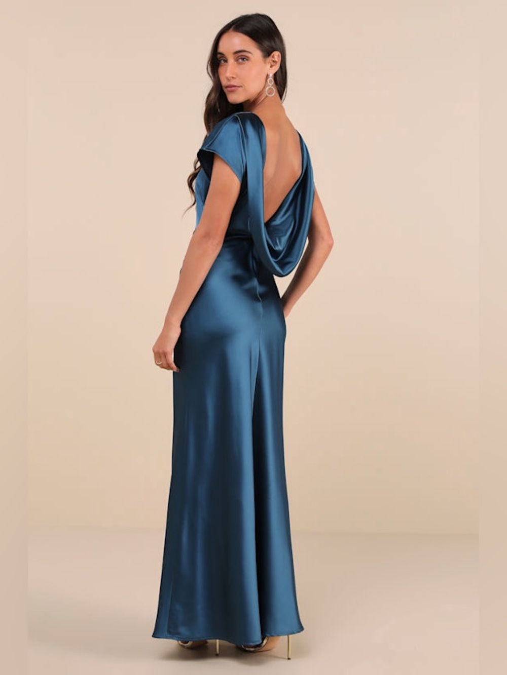 Lulus Captivating Presence Dark Teal Satin Cowl Back Maxi Dress New with Tags Lg